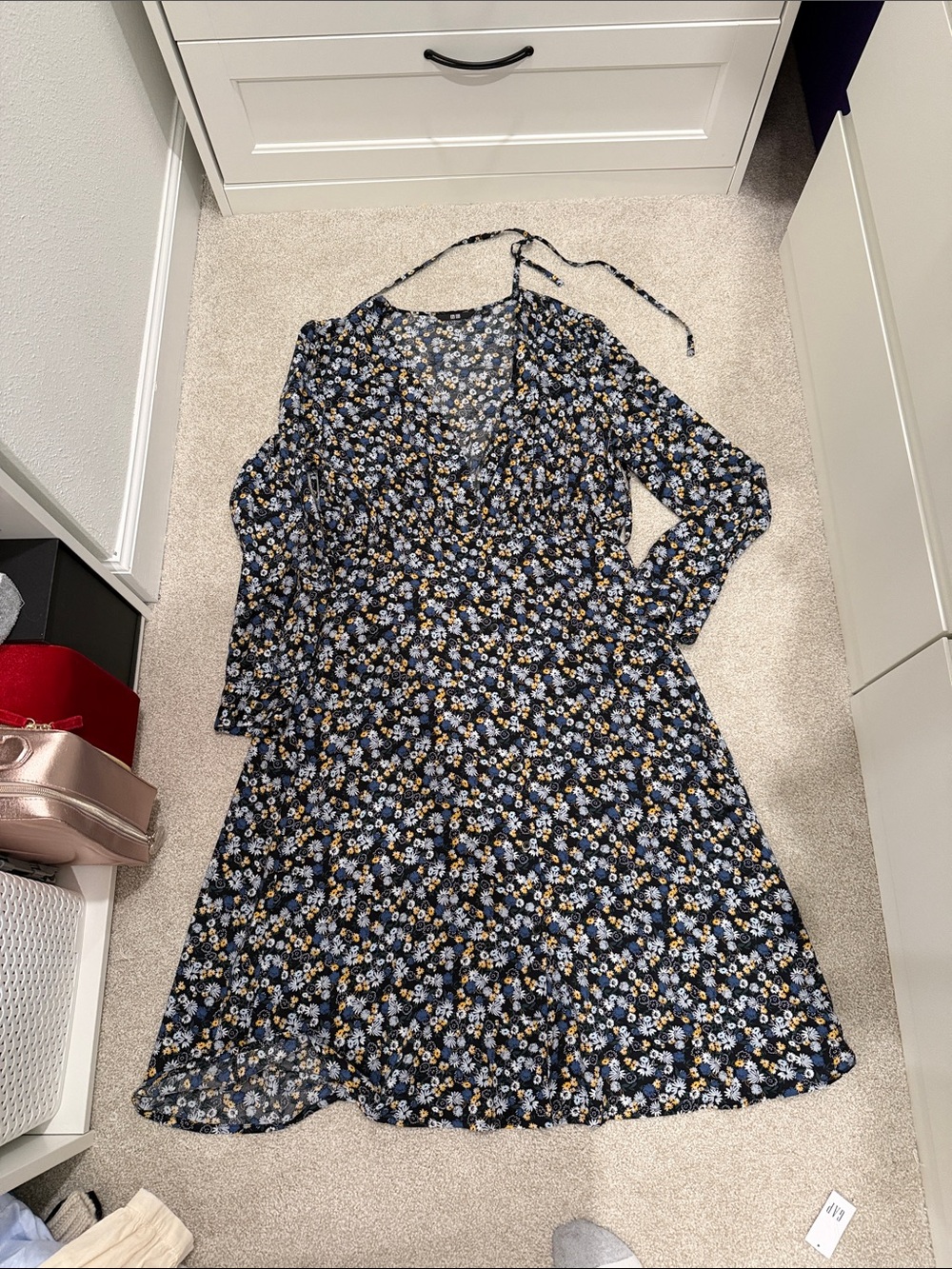 Uniqlo Black Floral Midi Dress with Blue and Yellow Daisies